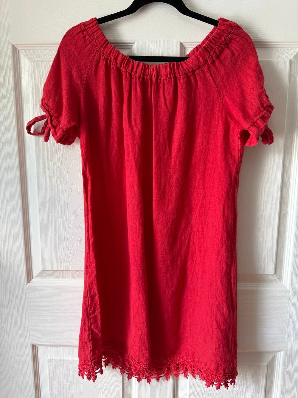 Lungo L’Arno Red Linen Off Shoulder Dress Made in Italy Lace Hem Size S